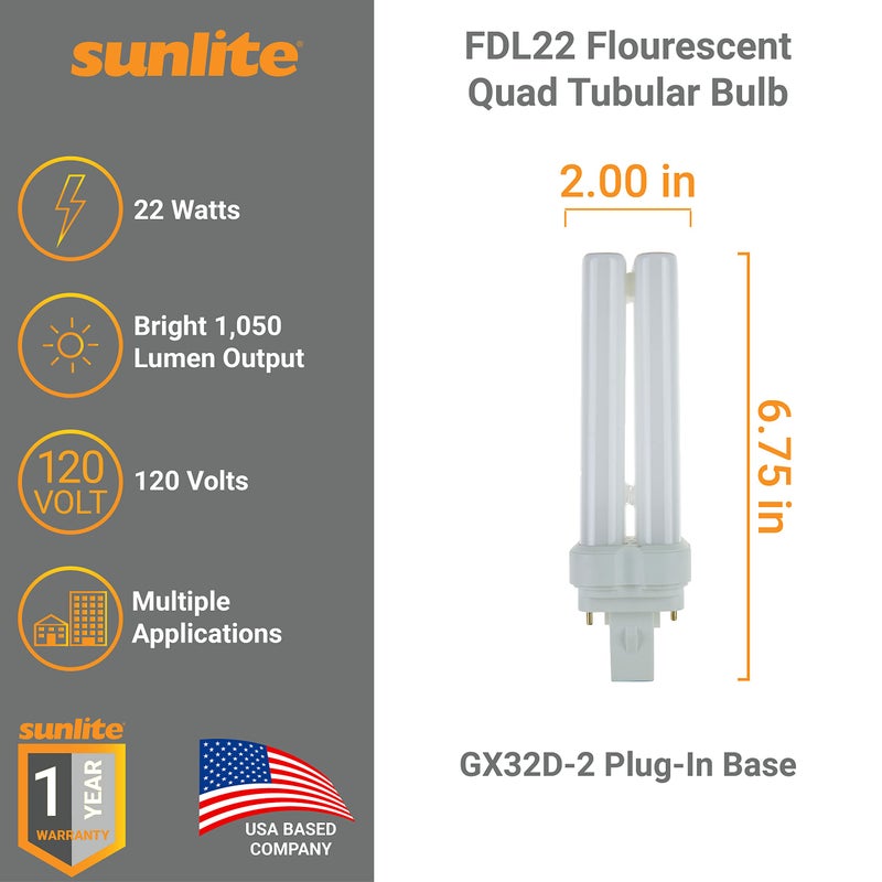 Sunlite FDL22 Fluorescent Quad Tube Plug-in Bulb, 22 Watt, 10,000 Hour Life Span, GX32D-2 Base, 1050 Lumens, for Fluorescent Ceiling Fixtures, 5000K Daylight, 1 Pack - Image 2